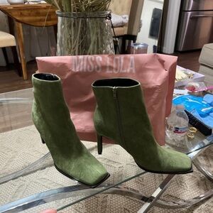 Miss Lola Olive Suede Pointed Toe Ankle Boots